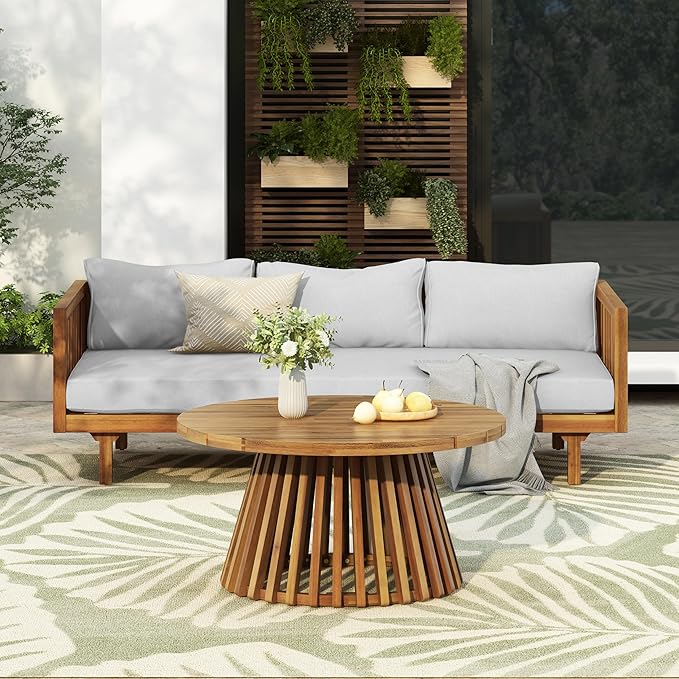 Merax Outdoor Acacia Wood Conversation Set, 3-Seat Loveseat Sofa w/Coushion and by Merax