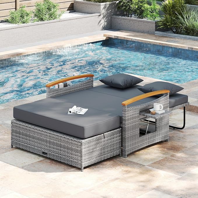 LDAILY Moccha Outdoor Wicker Daybed, Patio Rattan Loveseat Sofa w/ 4-Level - Image 7