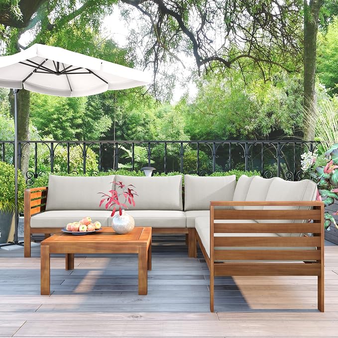 Outdoor Eucalyptus Wood 4 Piece Sectional Sofa Set - Image 3