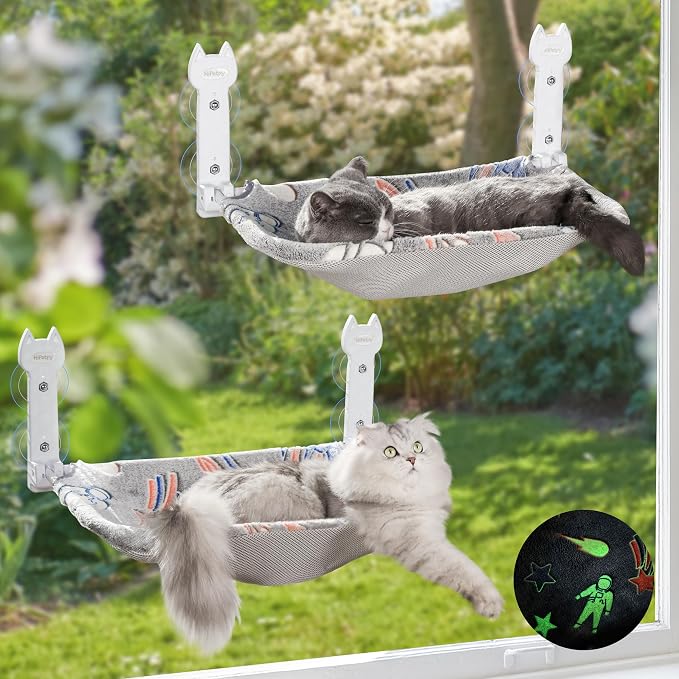 2 Pack Cat Window Perch, Glow in The Dark Foldable Cat Hammock by HiPetpy