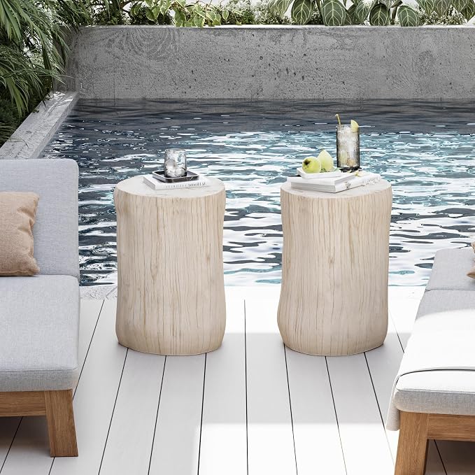 COSIEST 2 Pieses Outdoor Side Table, Hand-Painted Wood Stump Side Table Set of 2 - Image 2