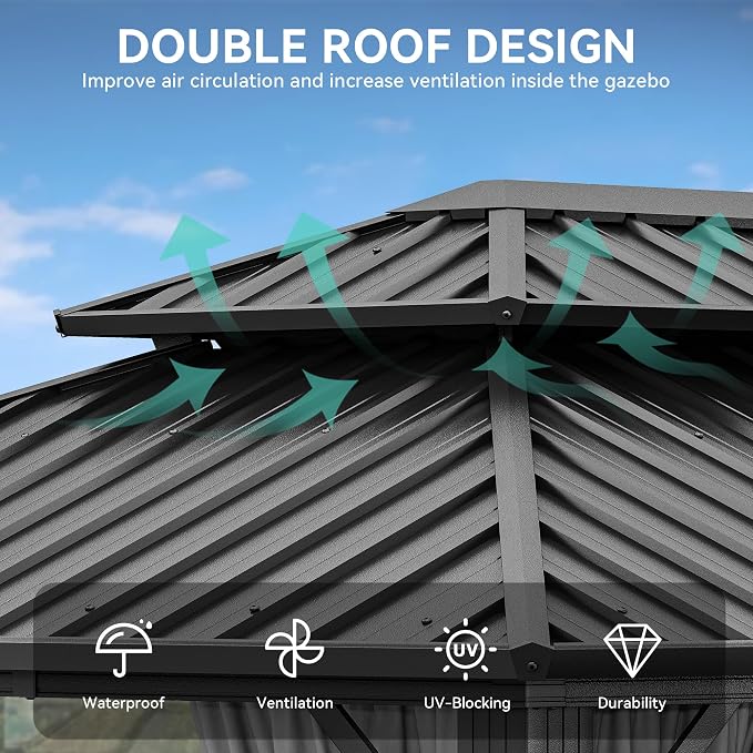 YITAHOME 10X12FT Hard Top Metal Gazebo Patios Double Roof Canopy Aluminum Frame - Image 4