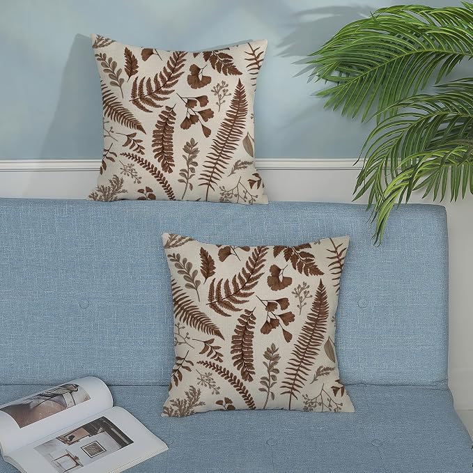 Brown Spring Pillow Covers 18x18 Inch 2 Pcs Vintage Leaf Plant Decor Throw - Image 3