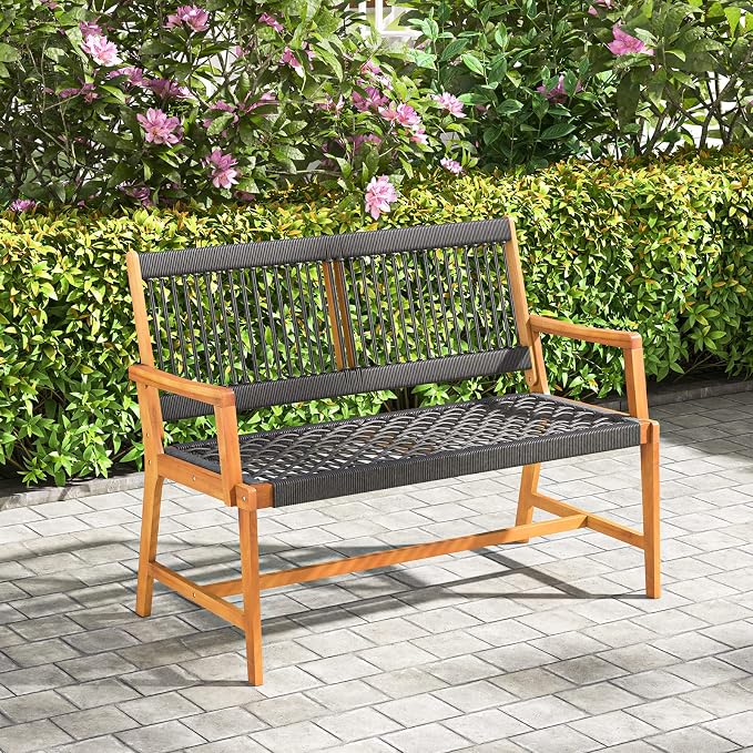 Tangkula Outdoor Acacia Wood Bench, All-Weather Rope Woven Garden Bench - Image 4
