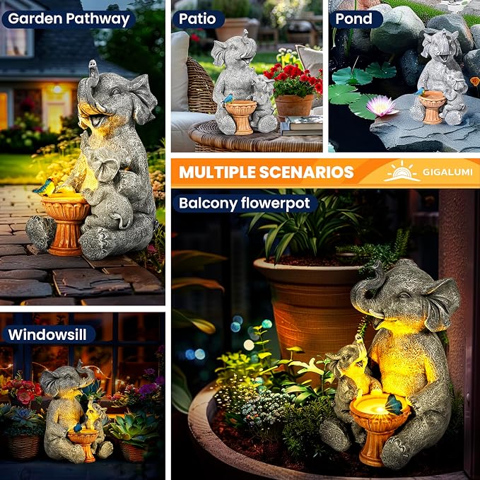 GIGALUMI Solar Garden Statues Bird Bath Elephant 9", Loving Elephant Decor - Image 5