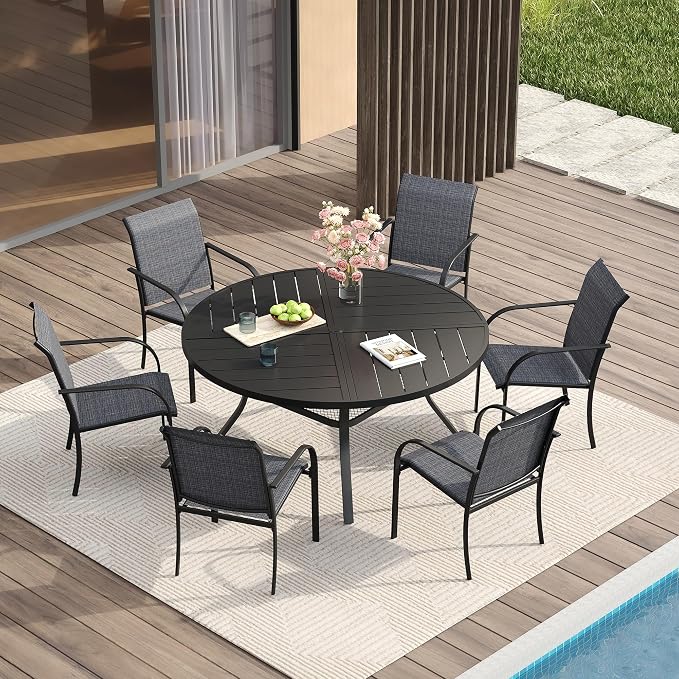 VICLLAX Patio Table and Chair Set of 6, All Weather Metal Round Outdoor Dining by HOME