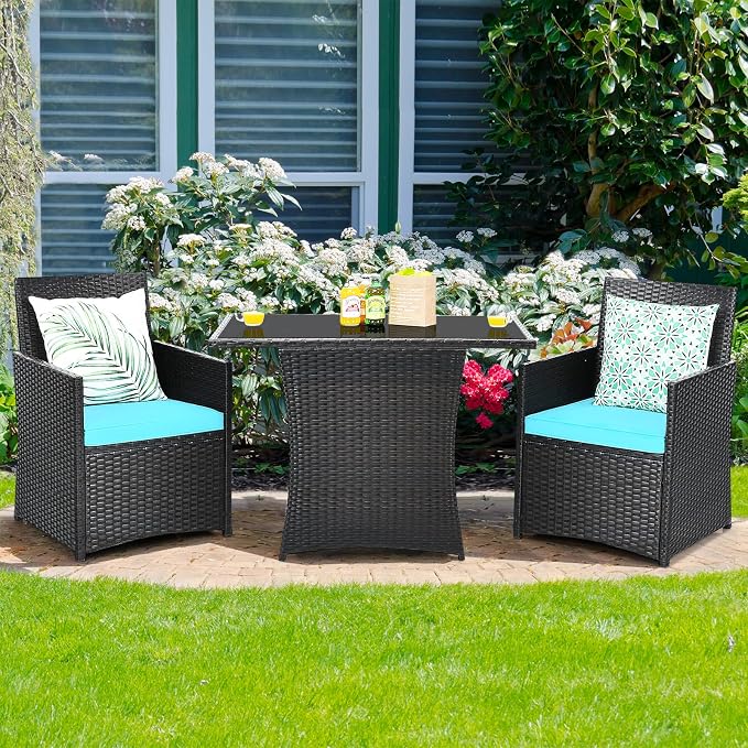 Tangkula 3 Pieces Patio Dining Set, Space-Saving PE Rattan Bistro Set - Image 3