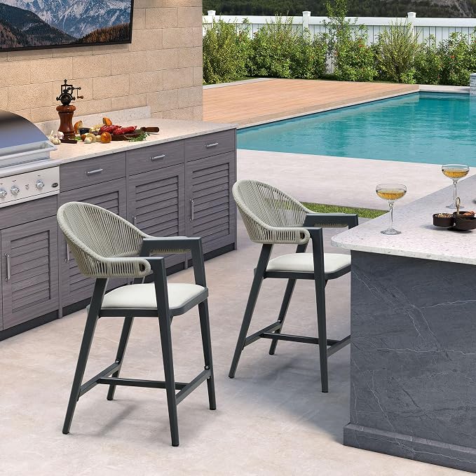 PURPLE LEAF Outdoor Counter Height Bar Stool Set of 2 Rattan Bar Chair by PURPLELEAF