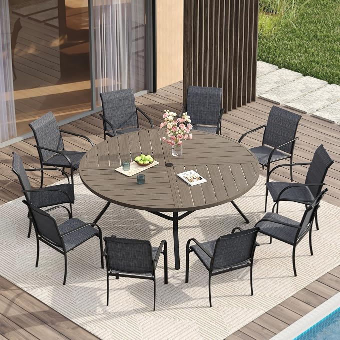 VICLLAX Patio Table and Chair Set of 10, All Weather Metal Round Outdoor Dining by HOME