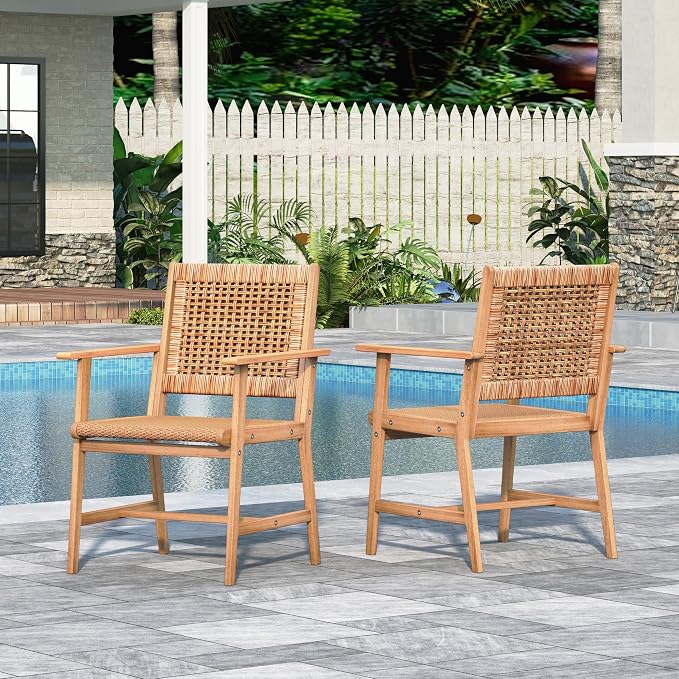 Sophia & William Patio Dining Chairs Outdoor 2 Pieces Hand Woven Wooden Rattan by SophiaWilliam