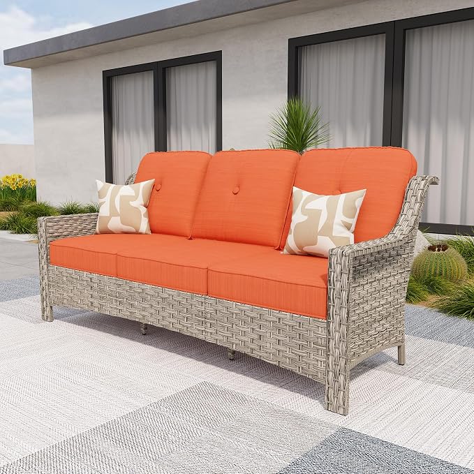HOOOWOOO Patio Couch, Outdoor Wicker 3 Seater Sofa, All Weather Resistant High by DesignforBetterLife
