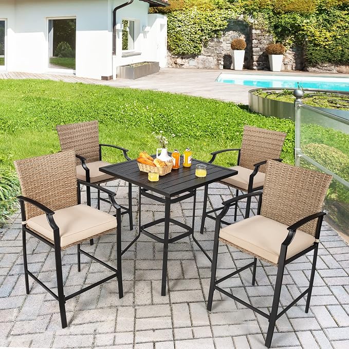 Tangkula Patio Rattan Bar Stools Set of 4, Outdoor Wicker Bar Height Chairs - Image 3