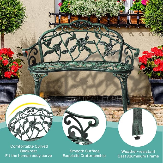 VINGLI 38.5" Patio Park Garden Outdoor Metal Rose Bench, 2-Person Cast Iron - Image 5
