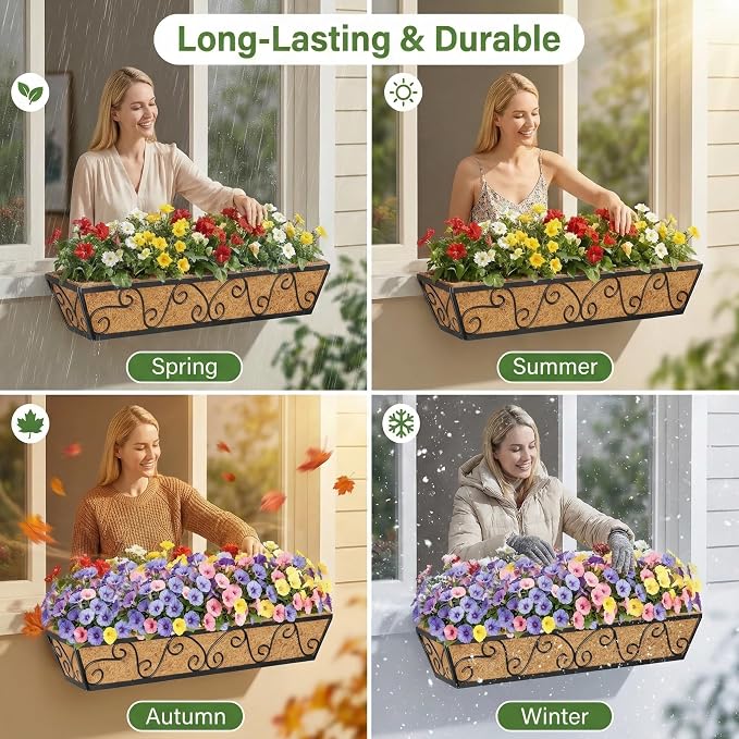 Y&M 30 Inch Window Deck with Coco Liner, Fence Metal Hanging Flower Planter - Image 5