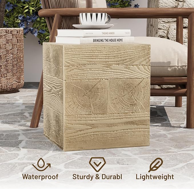 COSIEST Outdoor Side Table Faux Wood Patio End Table, Hand-Painted Wooden Plant - Image 5
