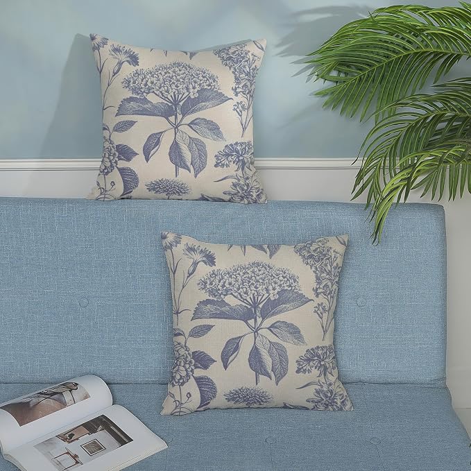 Vintage Blue Pillow Covers 16x16 Inch 2 Pcs Boho Floral Decor Throw Pillows - Image 3