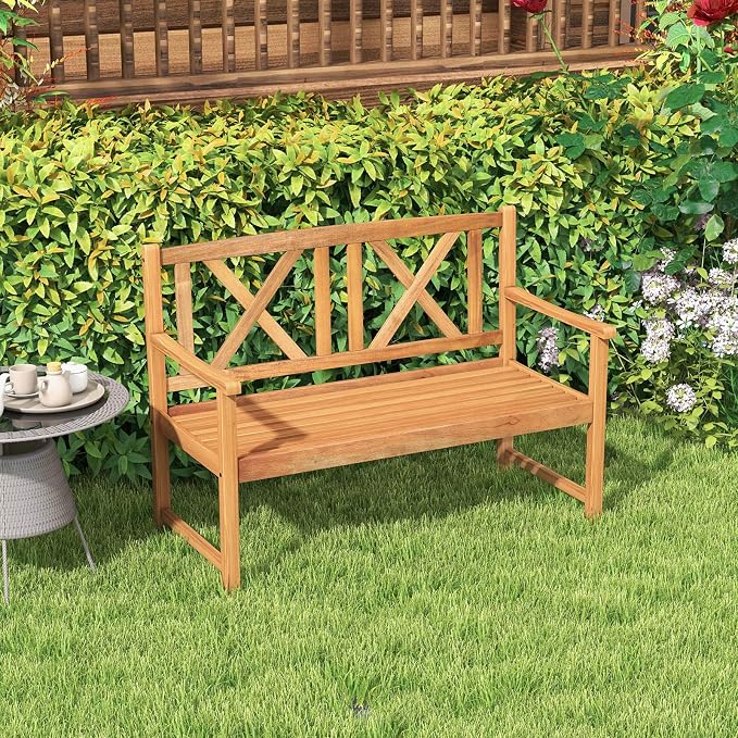 Tangkula Patio Acacia Wood Bench, 2-Person Outdoor Loveseat Chair, Cozy Armrest - Image 9