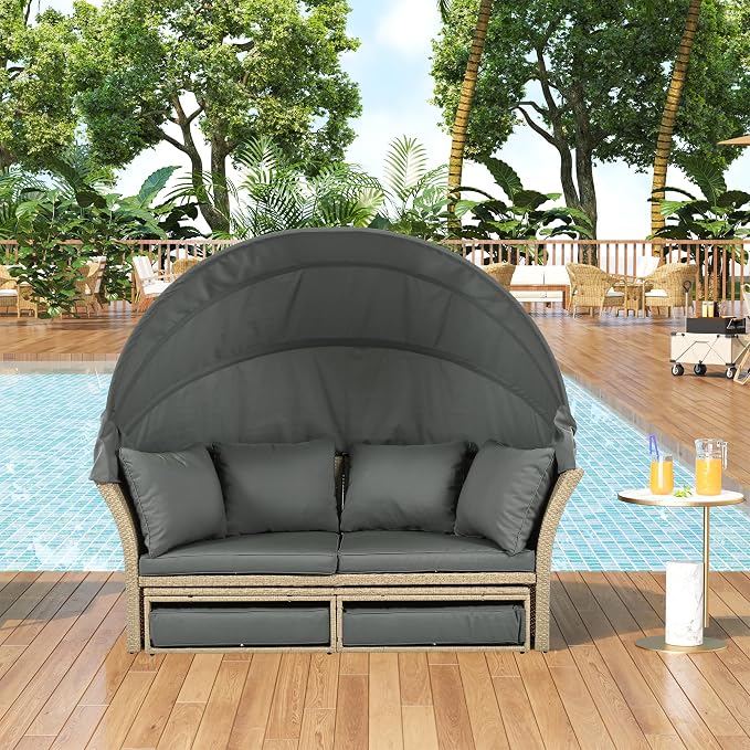 Outdoor Patio Daybed Wicker Rattan Double Daybed Round Sofa Furniture Set by THINK30