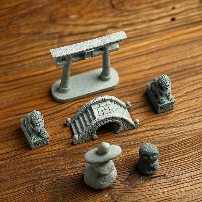 6 PCS Mini Zen Garden Accessories, Miniature Garden Bridge Foo Dogs Torii Gate - Image 6