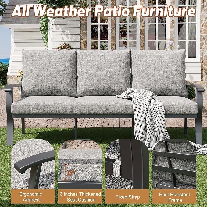HOMREST Outdoor Couch Aluminum Patio Furniture Sofa, 3-Seat All-Weather Metal - Image 4
