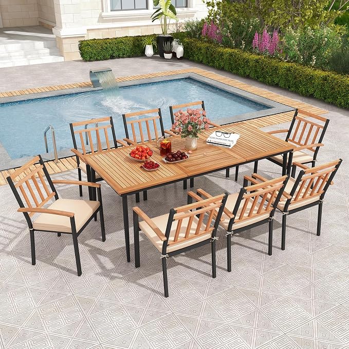 Tangkula 9-Piece Patio Dining Set, Outdoor Acacia Wood Dining Furniture Set - Image 2