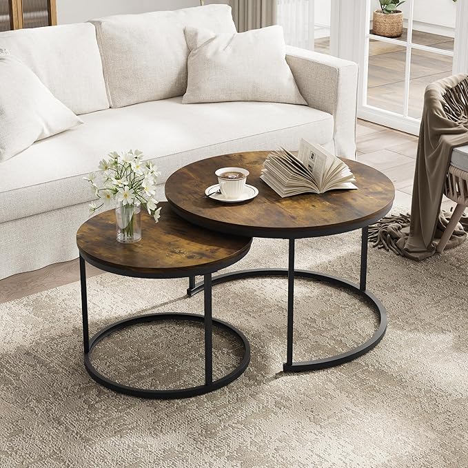 Smuxee Rustic Nesting Coffee Table Set of 2, 27.6" Round Coffee Table Wooden by Smuxee