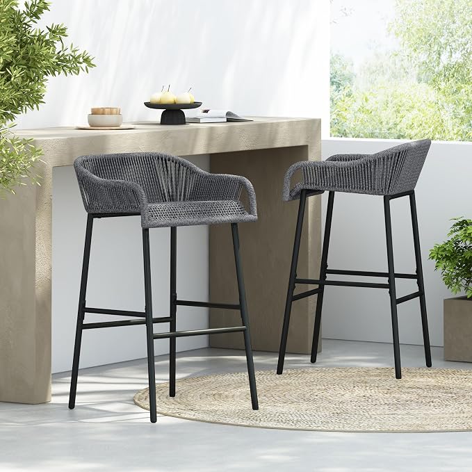 Christopher Knight Home Sivir Outdoor Barstool Set of 2, Patio Woven Rope Bar - Image 8