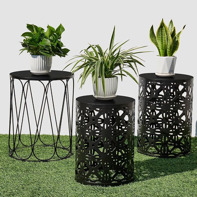 Y&M Set of 3 Garden Black Accent Decorative Stool, Nesting Metal Round Coffee by YM