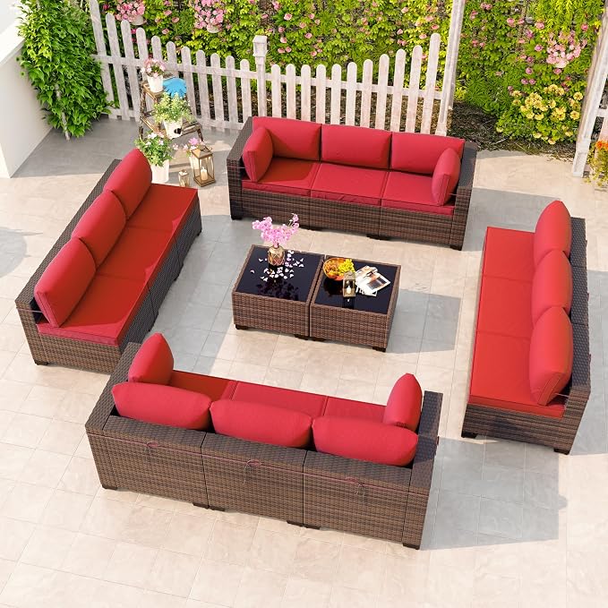 Kullavik 14 Pieces Outdoor Patio Furniture Set, Sectional Rattan Sofa Set Brown by KULLAVIK