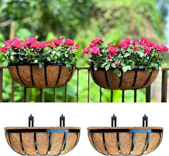 LaLaGreen Deck Railing Planter Boxes Black Metal Rectangular Hanging Planters by L%C3%A1L%C3%A1Green