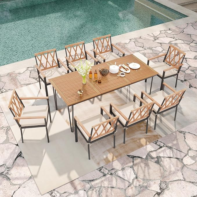 Tangkula 9 Piece Patio Dining Set, Outdoor Rectangular Dining Table w/Acacia - Image 3