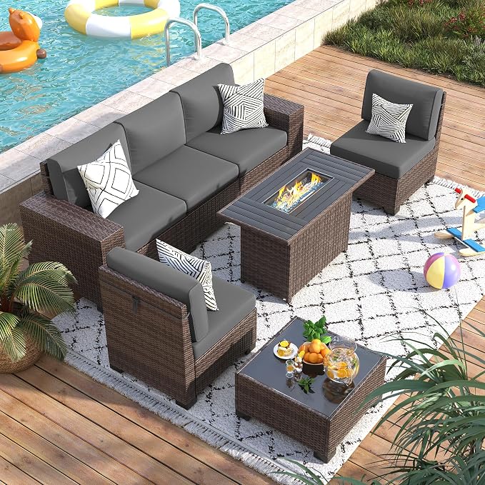 Patio Furniture Set with Fire Pit Table, 7 Piece Outdoor Sectional Conversation - Image 2