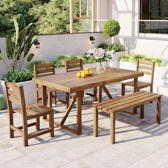 Outdoor Dining Set for 6, Acacia Wood Patio Dining Table Set by RuiSiSi