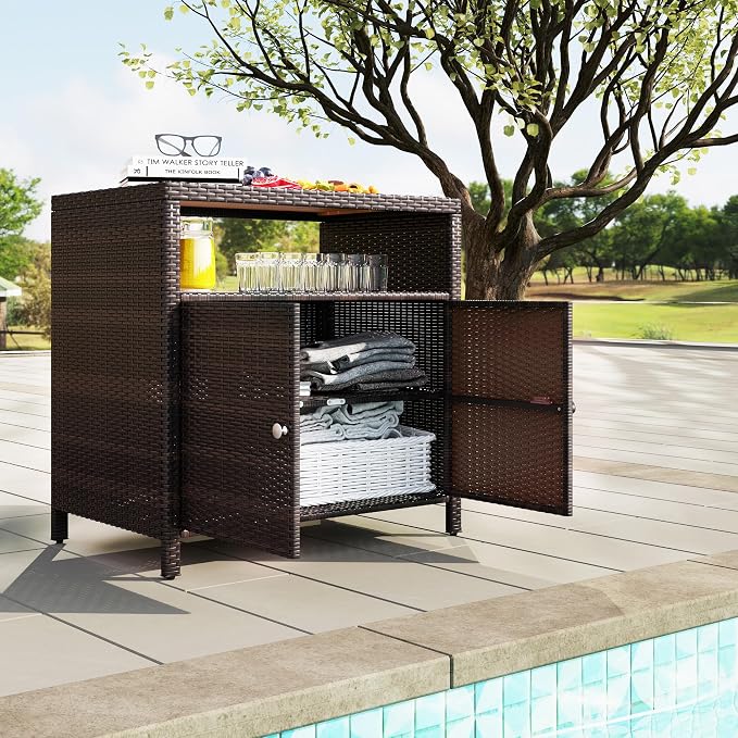 Outsunny Wicker Outdoor Storage Cabinet, Rattan Outdoor Bar Table - Image 9