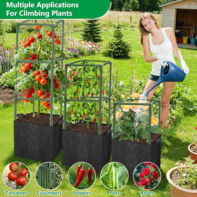 3 Set Square Tomato Cages with 18 Gallon Grow Bags, Plant Support Tower Stakes - Image 7