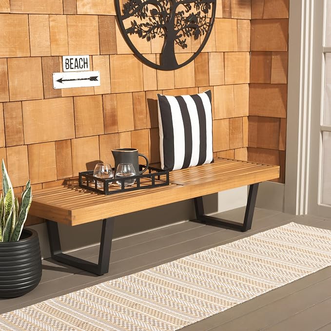 SAFAVIEH Outdoor Patio Furniture Heather Natural Brown Solid Wood & Black Legs - Image 9