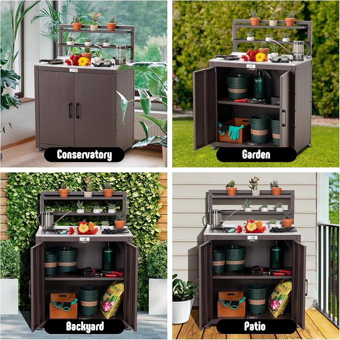 Garden Potting Bench with Storage Cabinet, Outdoor Gardening Table & Work Bench - Image 8