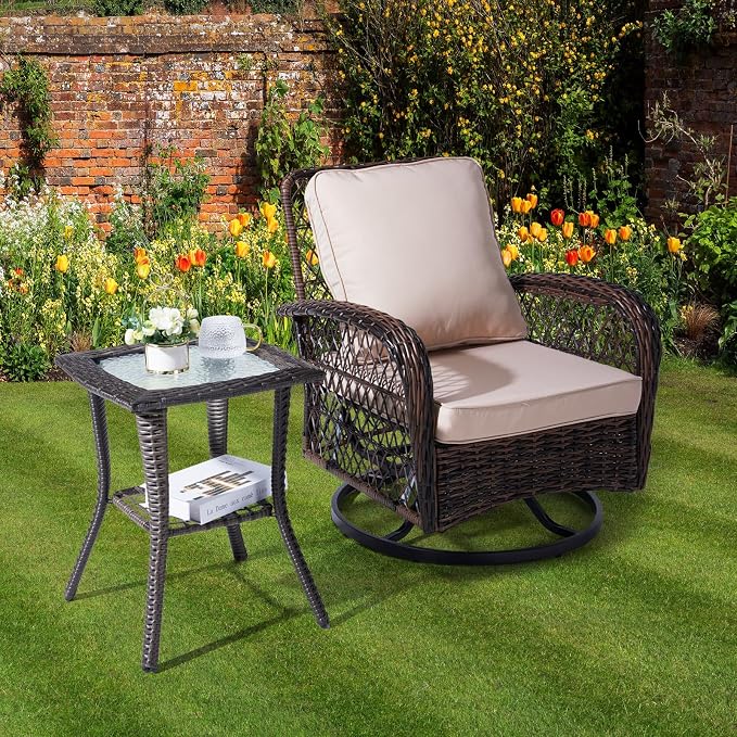 VINGLI Outdoor Side Table with Storage Wicker Patio Side Table, Tempered Glass - Image 7