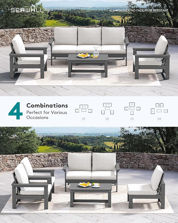 SERWALL HDPE Patio Conversation Set, 6-piece Sectional Outdoor Furniture Set - Image 8