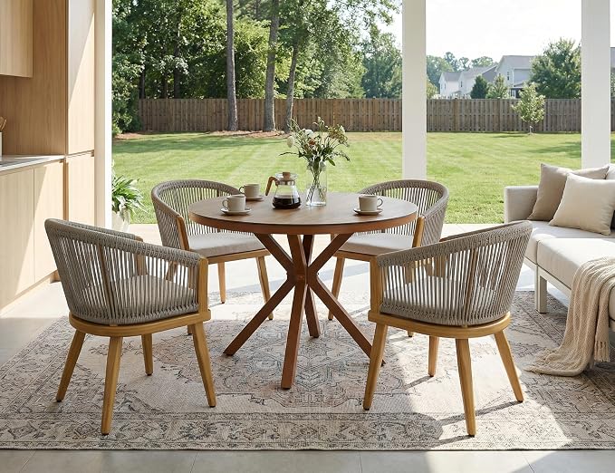 PURPLE LEAF 5-Piece Patio Dining Set Outdoor Furniture Deep Teak Round Table by PURPLELEAF