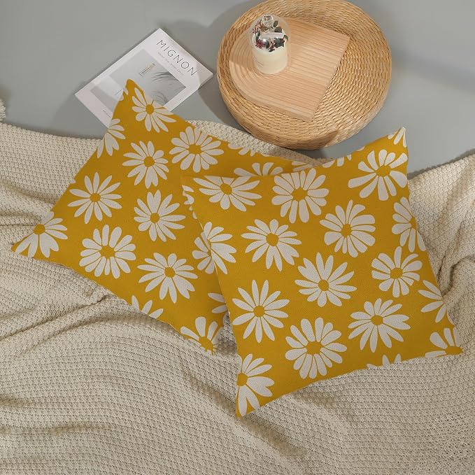 Mustard Yellow Pillow Covers 18x18 Inch 2 Pcs Daisy Floral Summer Outdoor Decor - Image 5