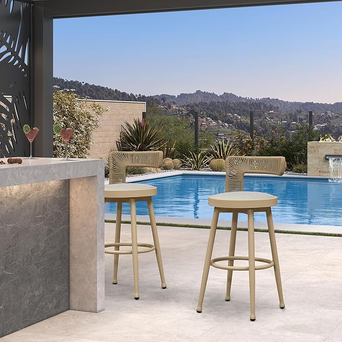 PURPLE LEAF Outdoor Swivel Bar Height Stools Set of 2 Metal Modern Wicker Bar by PURPLELEAF