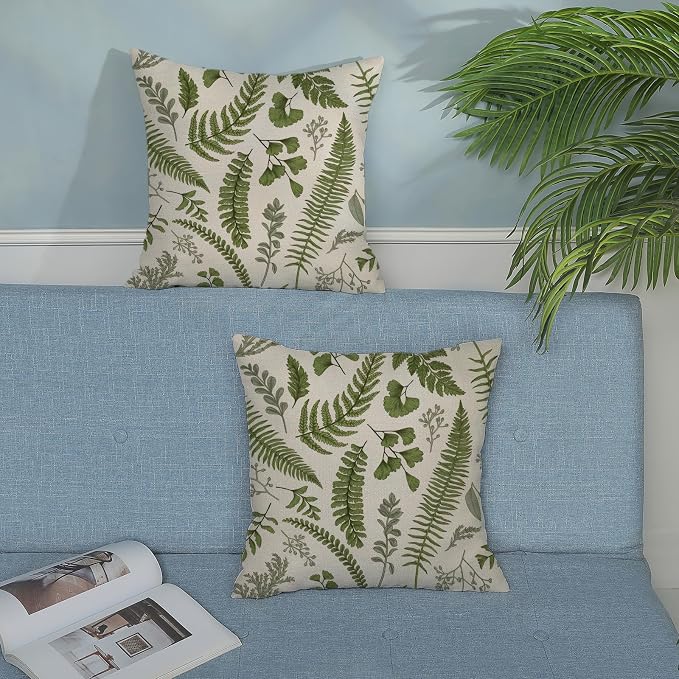 Sage Green Spring Pillow Covers 18x18 Inch 2 Pcs Vintage Leaf Plant Decor Throw - Image 3