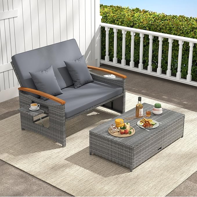 LDAILY Moccha Outdoor Wicker Daybed, Patio Rattan Loveseat Sofa w/ 4-Level - Image 9