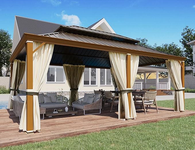 YOLENY 12'x20' Hardtop Gazebo, Wood Grain Aluminum Frame Pergola by YOLENY