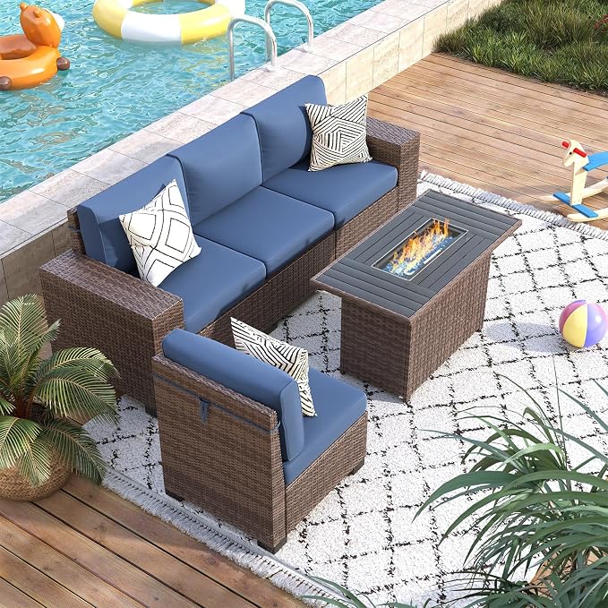 5 Piece Patio with Fire Pit Table, Wide Armrest Modular Outdoor Conversation - Image 2