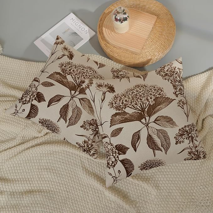 Brown Pillow Covers 18x18 Inch 2 Pcs Boho Vintage Floral Decor Throw Pillows - Image 5