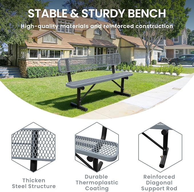 6 Feet Steel Park Bench for Outside, Outdoor Bench - Image 3