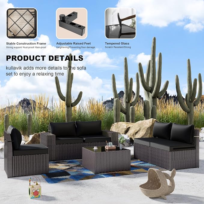 Kullavik Outdoor Patio Furniture Set 6 Pieces Sectional Rattan Sofa Set Brown - Image 4
