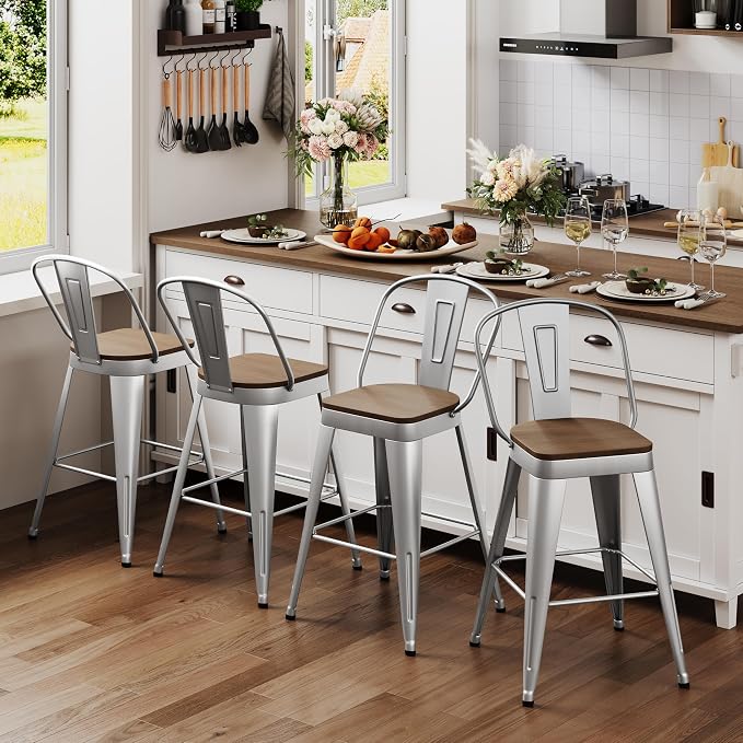 ALISH 24 Inch Industrial Bar Stools Set of 4, High Back Metal Barstools - Image 4